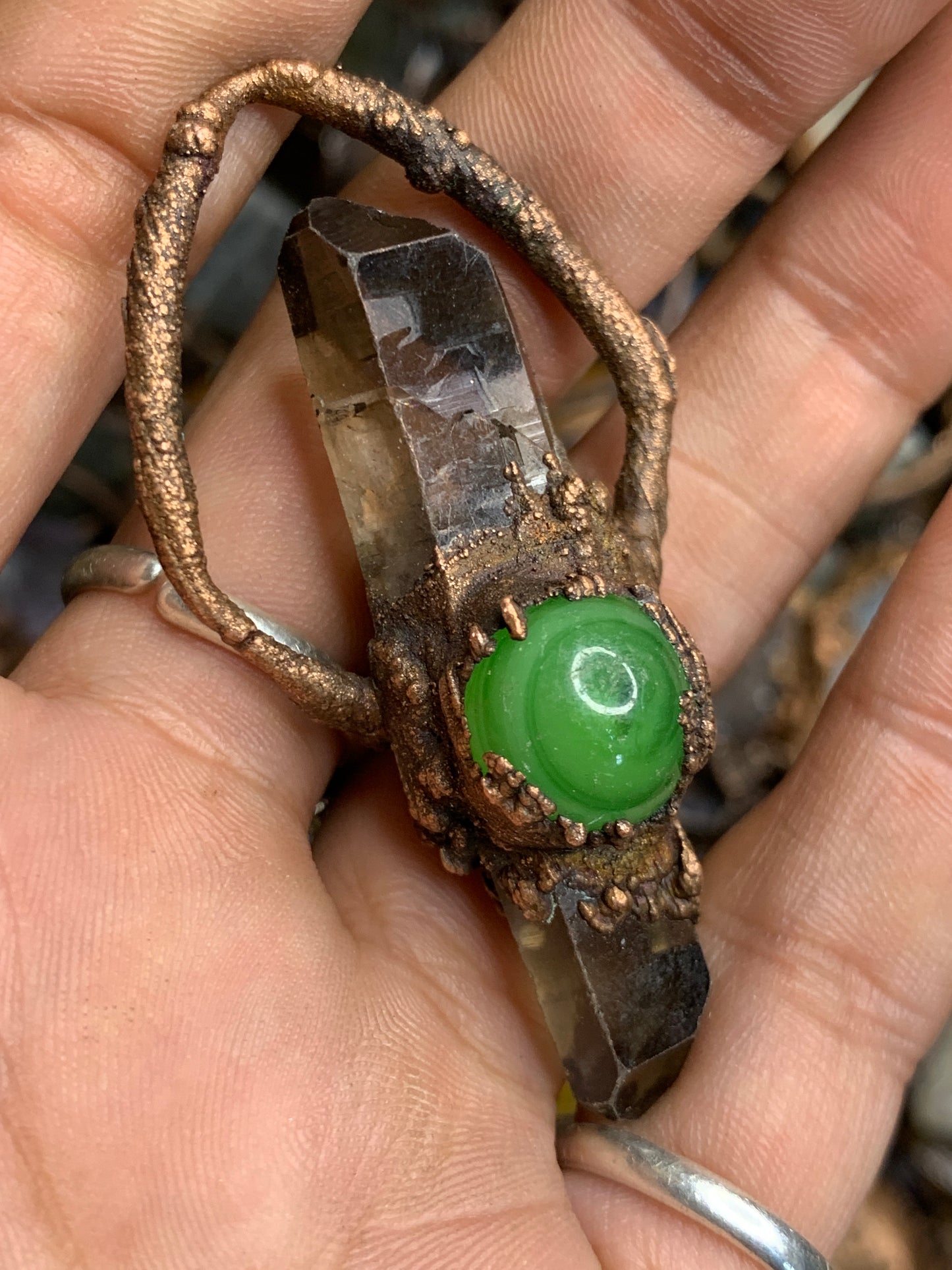 Glass bead and smoky quartz double terminated